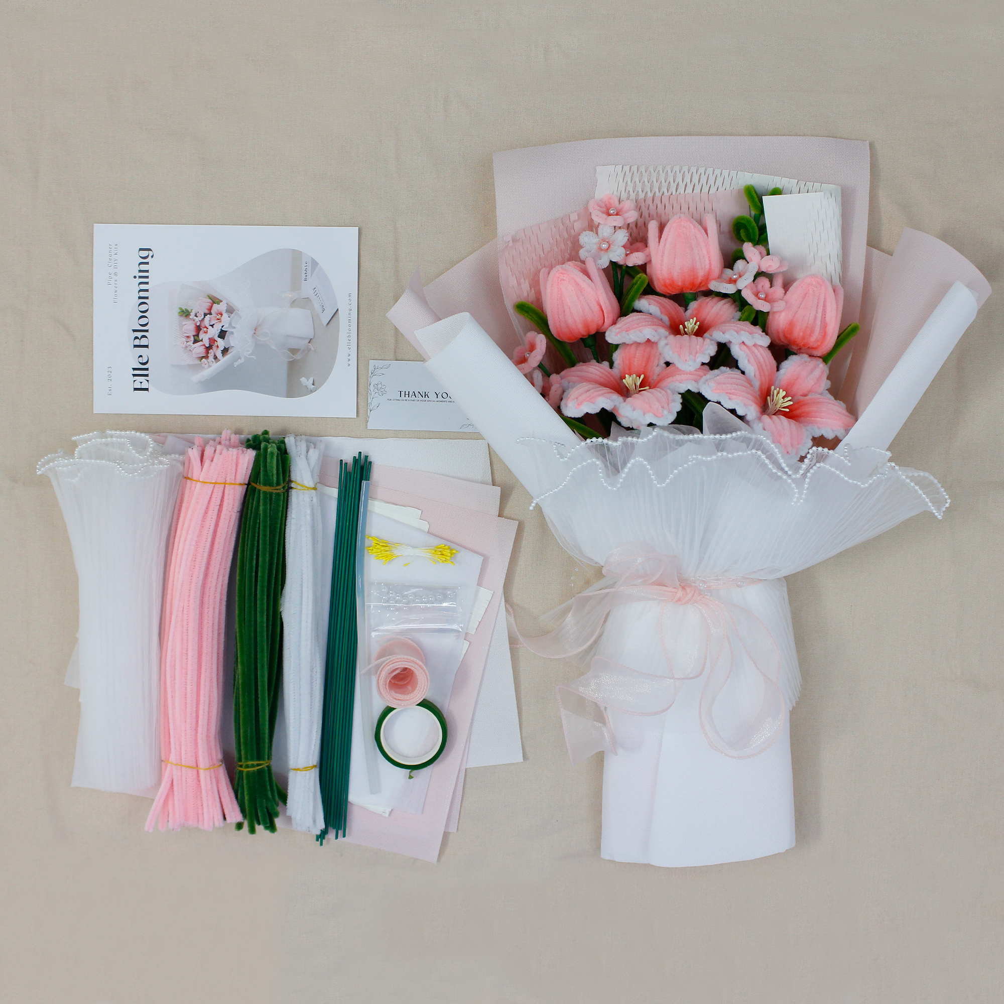DIY Kit for making pink tiger lilies bouquet using fuzzy pipe cleaners and clear instructions from Elle Blooming. A stunning, heartfelt handmade gift for loved ones. This bouquet lasts forever.